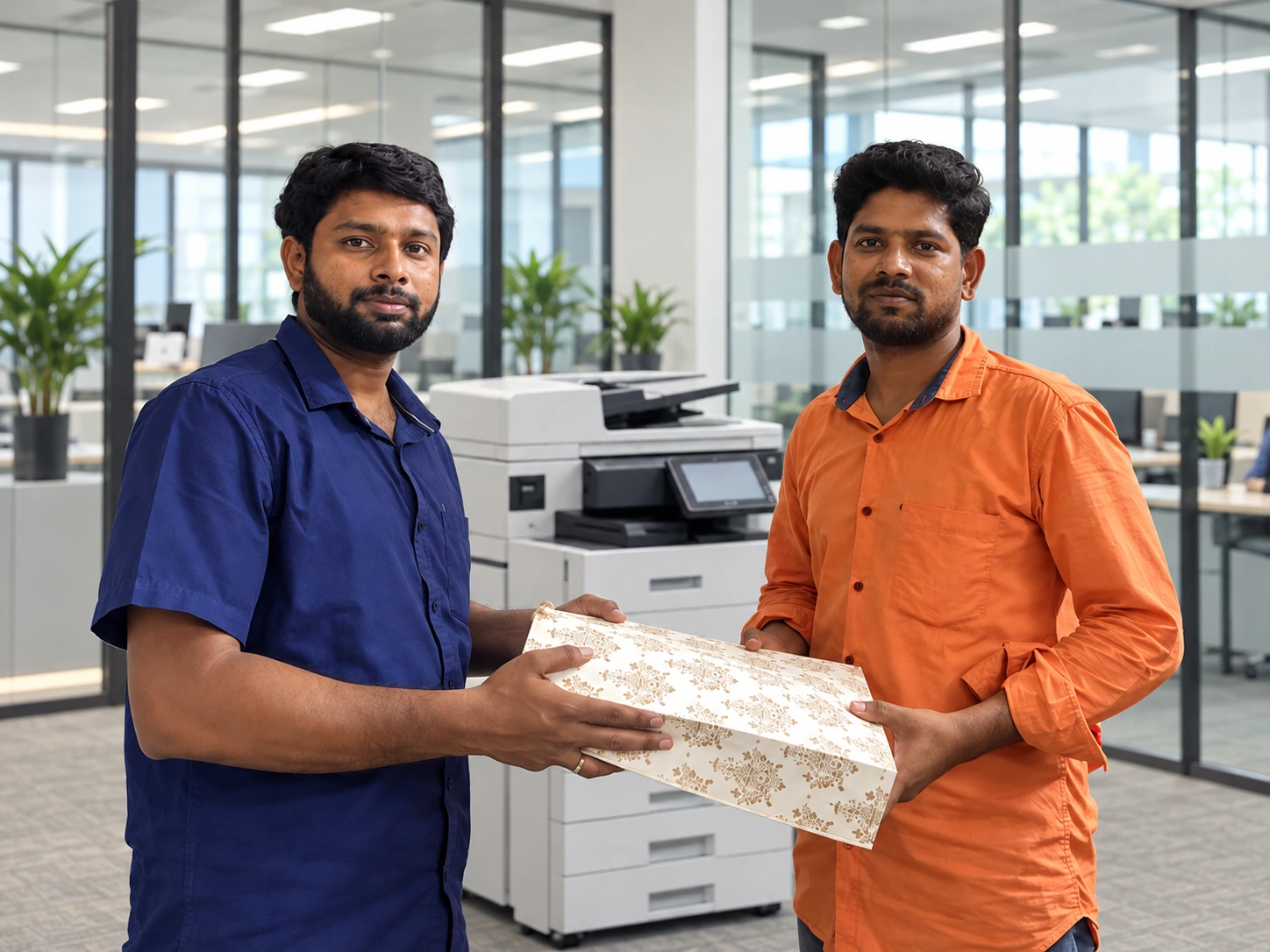 Lakshmi Copier Solutions team presenting a gift beside an office photocopier