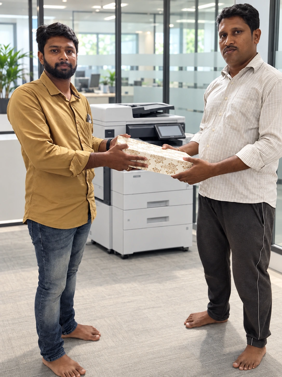 Lakshmi Copier Solutions team presenting a gift beside an office photocopier